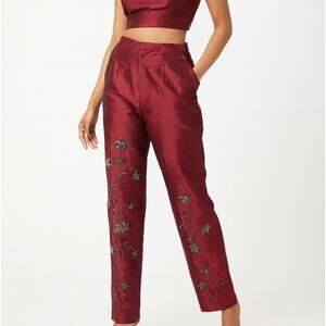 New Silkland Petite Red Embroidered Silk Pants Size 10P Lined Dressy Trousers